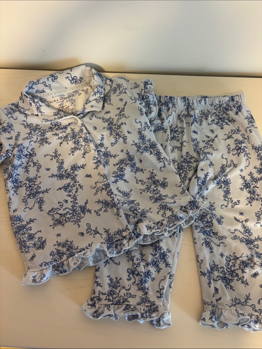 Laura Ashley White and Blue Floral Ruffle Kids Pajama Set